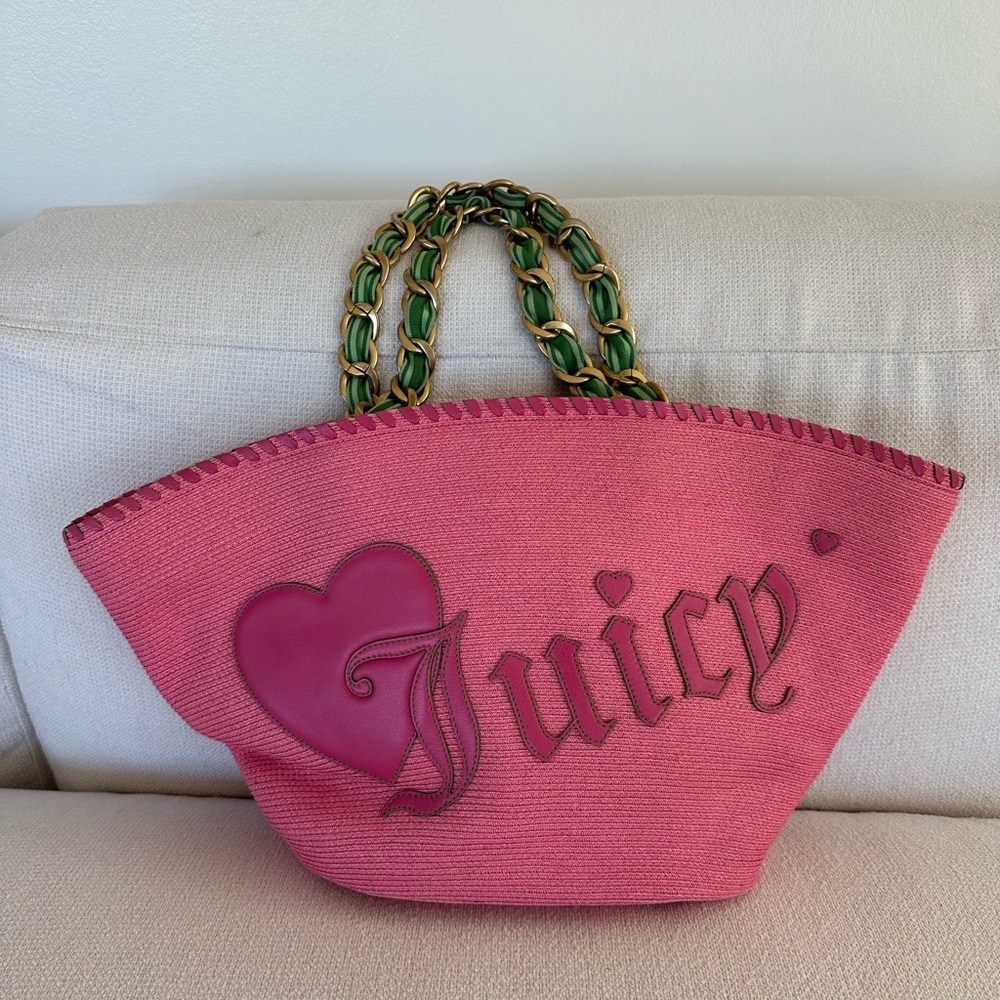 Vintage Y2K Juicy Couture Pink Straw Tote with Green Chain Handles